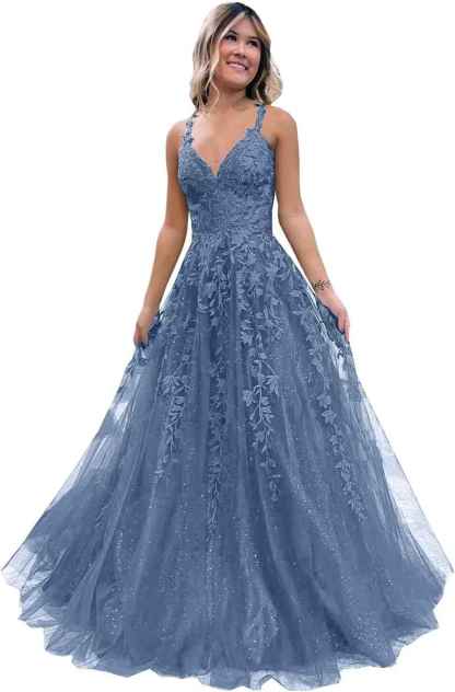 Tulle Lace Appliques Sparkly Prom Dresses A Line with Slit V Neck Formal Party Dress bmbridal