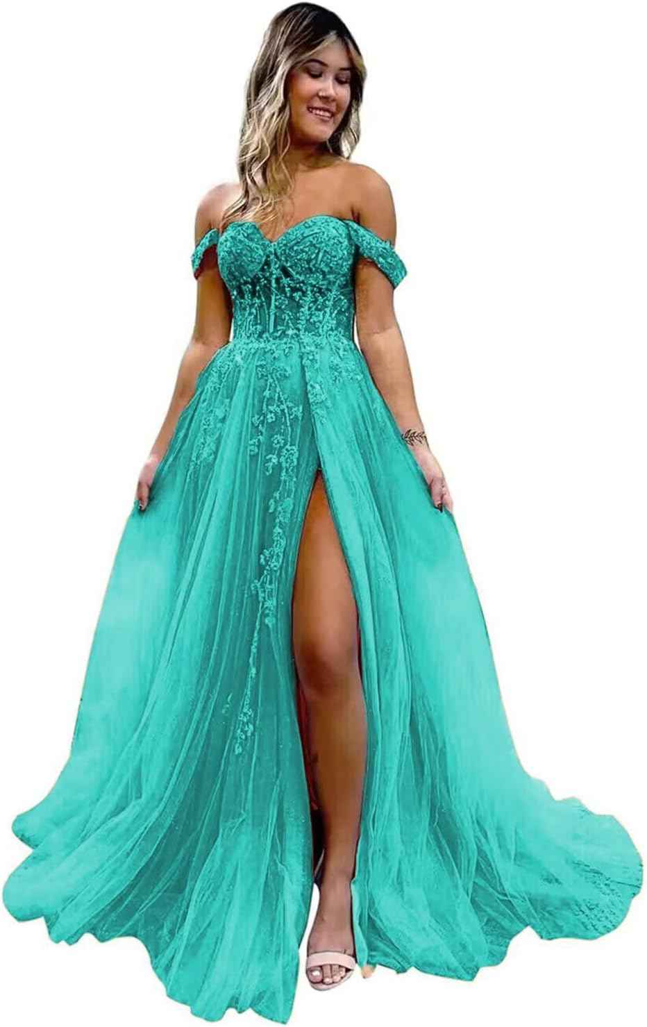 Off The Shoulder Tulle Prom Dresses with Slit Laces Applique Sweetheart Long Formal Evening Party Gowns-BMbridal