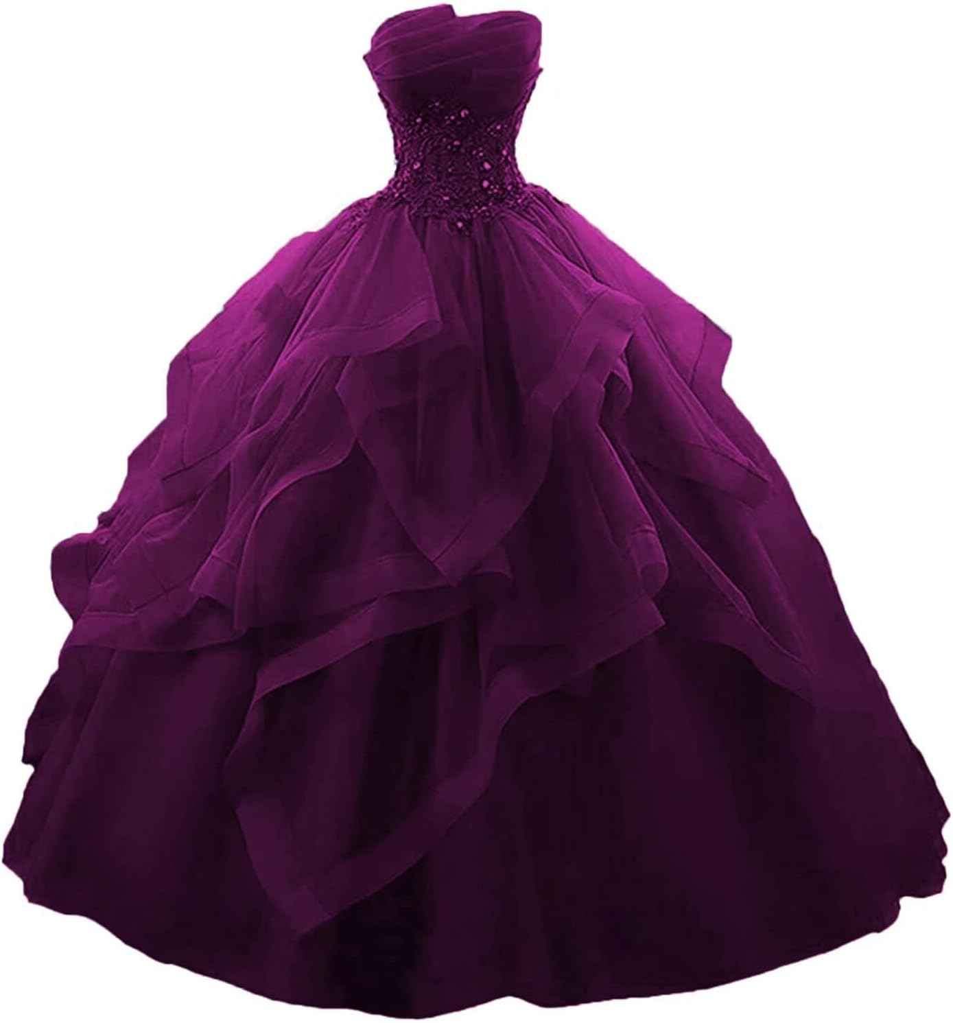 Prom Dress Long Ruffles Ball Gown Quinceanera Dresses Strapless Lace Tulle Beaded Princess Evening Dress bmbridal