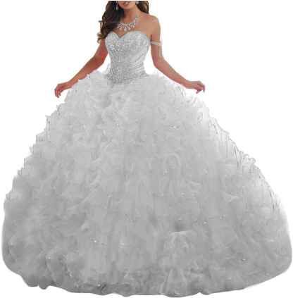 Women's Organza Ruffles Quinceanera Beaded Sweetheart Prom Ball Gown bmbridal