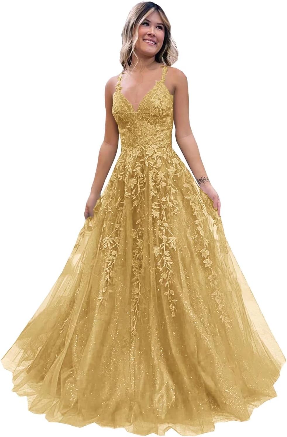 Tulle Lace Appliques Sparkly Prom Dresses A Line with Slit V Neck Formal Party Dress-BMbridal