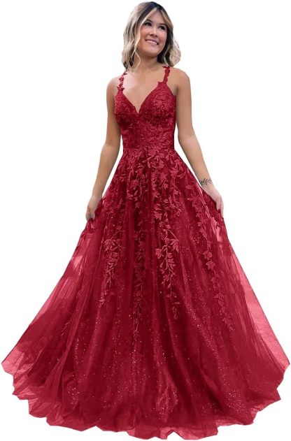 Tulle Lace Appliques Sparkly Prom Dresses A Line with Slit V Neck Formal Party Dress bmbridal