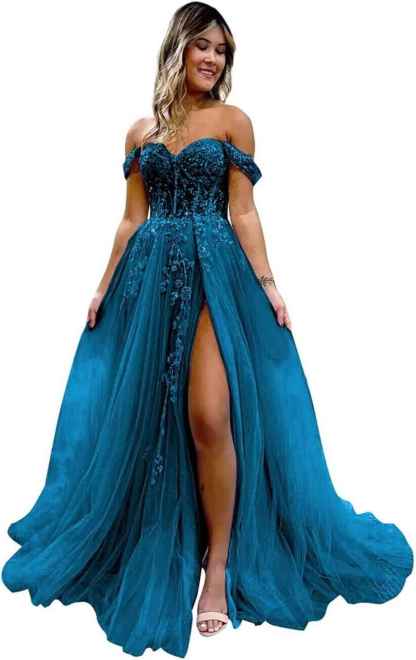 Off The Shoulder Tulle Prom Dresses with Slit Laces Applique Sweetheart Long Formal Evening Party Gowns bmbridal