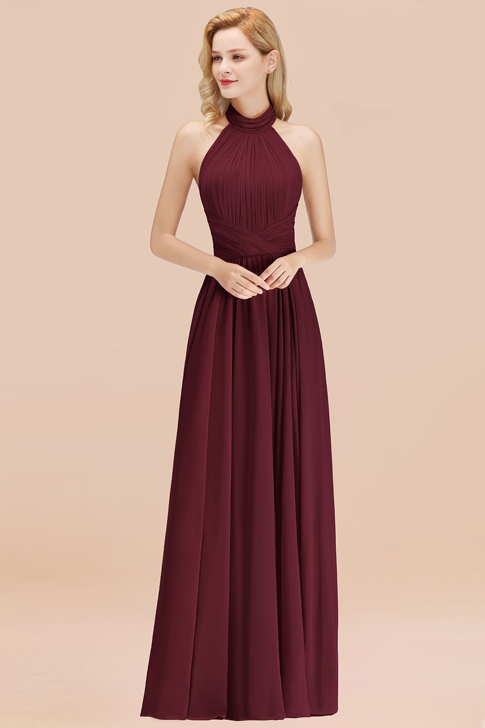 BMbridal Gorgeous High-Neck Halter Backless Bridesmaid Dress Dusty Rose Chiffon Maid of Honor Dress-BMbridal