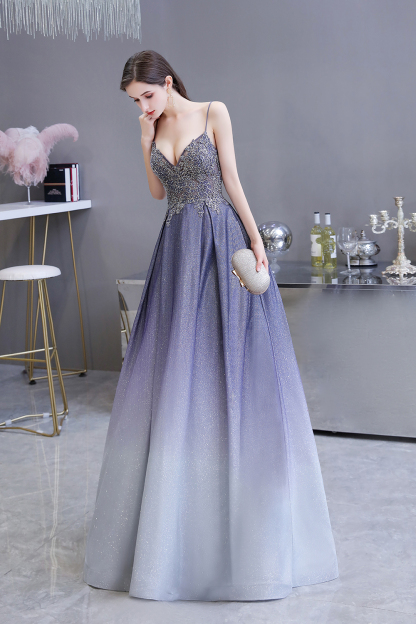 BMbridal Elegant Spaghetti Straps Ombre Prom Dress Long With Appliques Beads
