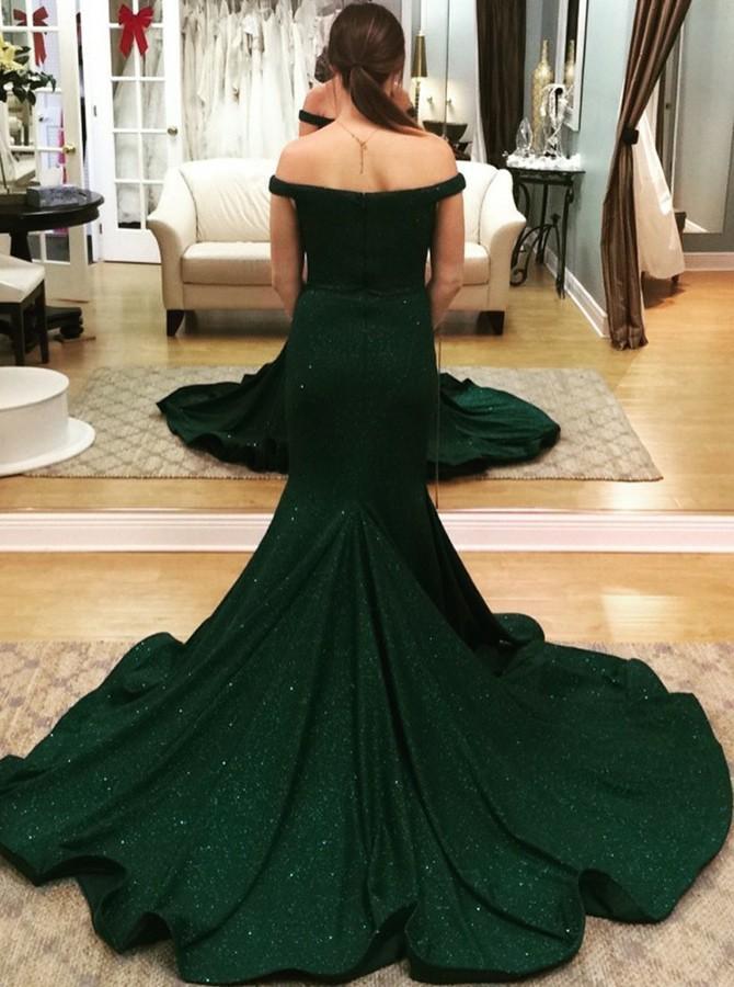 BMbridal Dark Green Off-the-Shoulder Mermaid Prom Dress Long