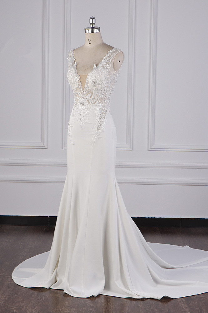 BMbridal Glamorous Mermaid Satin Sleeveless Wedding Dress White Lace Appliques Bridal Gowns with Beadings On sale-BMbridal