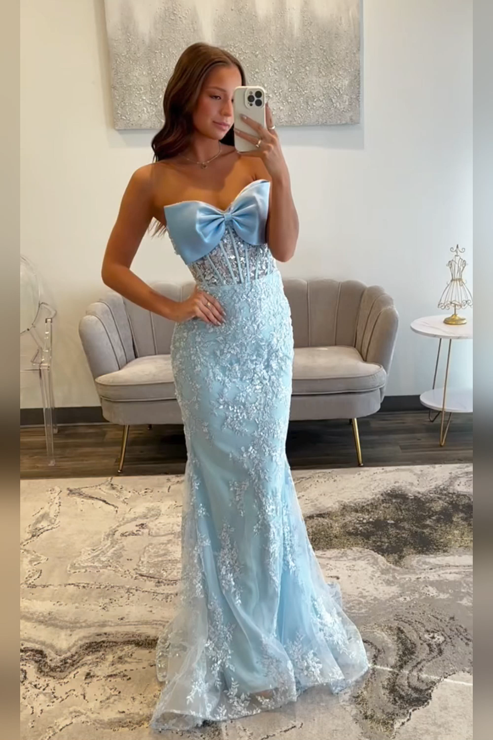 Sky Blue Strapless Mermaid Long Corset Prom Dress with Appliques