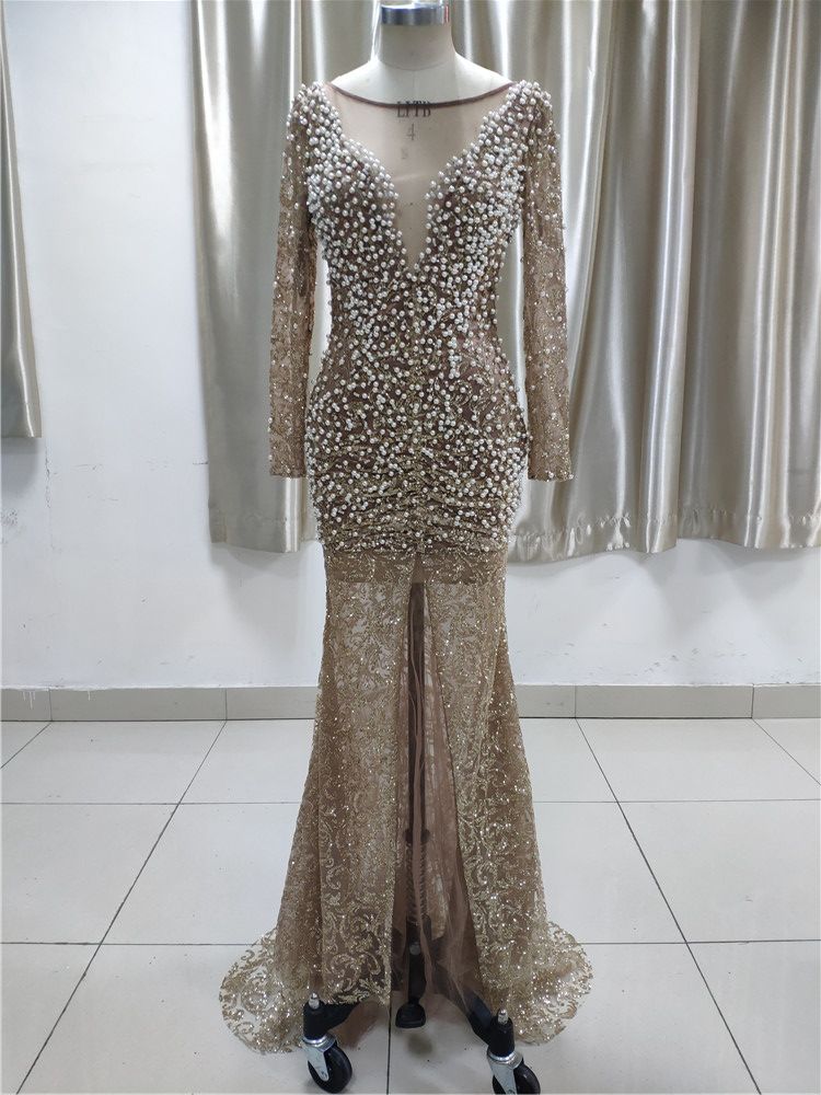BMbridal Luxury Lace Long Sleeves Slit Prom Dresses with Appliques Pearls Online