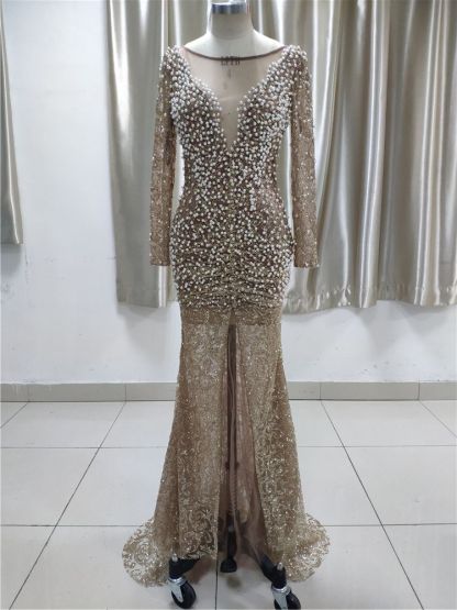 BMbridal Luxury Lace Long Sleeves Slit Prom Dresses with Appliques Pearls Online
