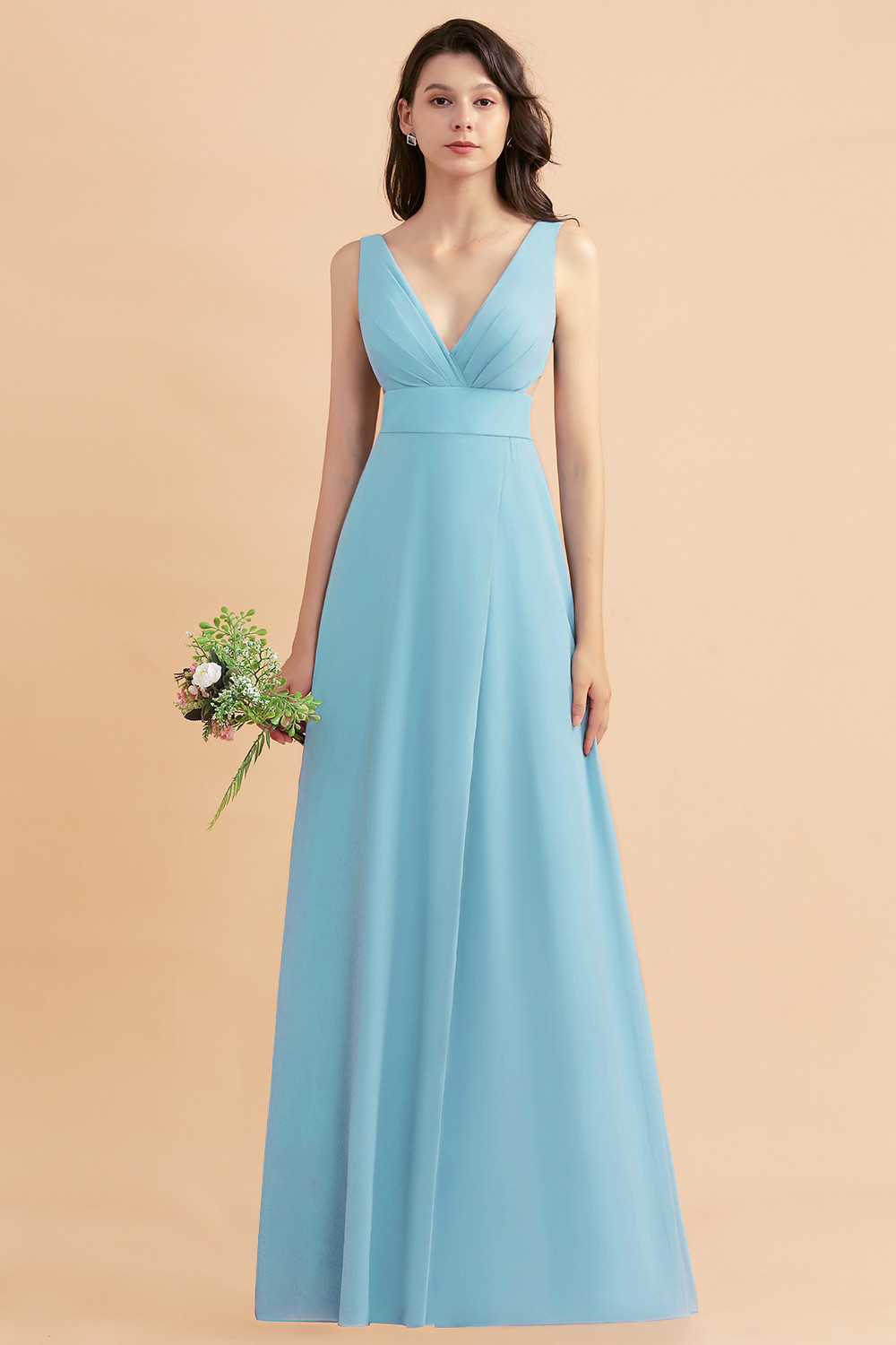 BMbridal A-Line Dusty Blue Chiffon Ruffles Bridesmaid Dress with Slit-BMbridal