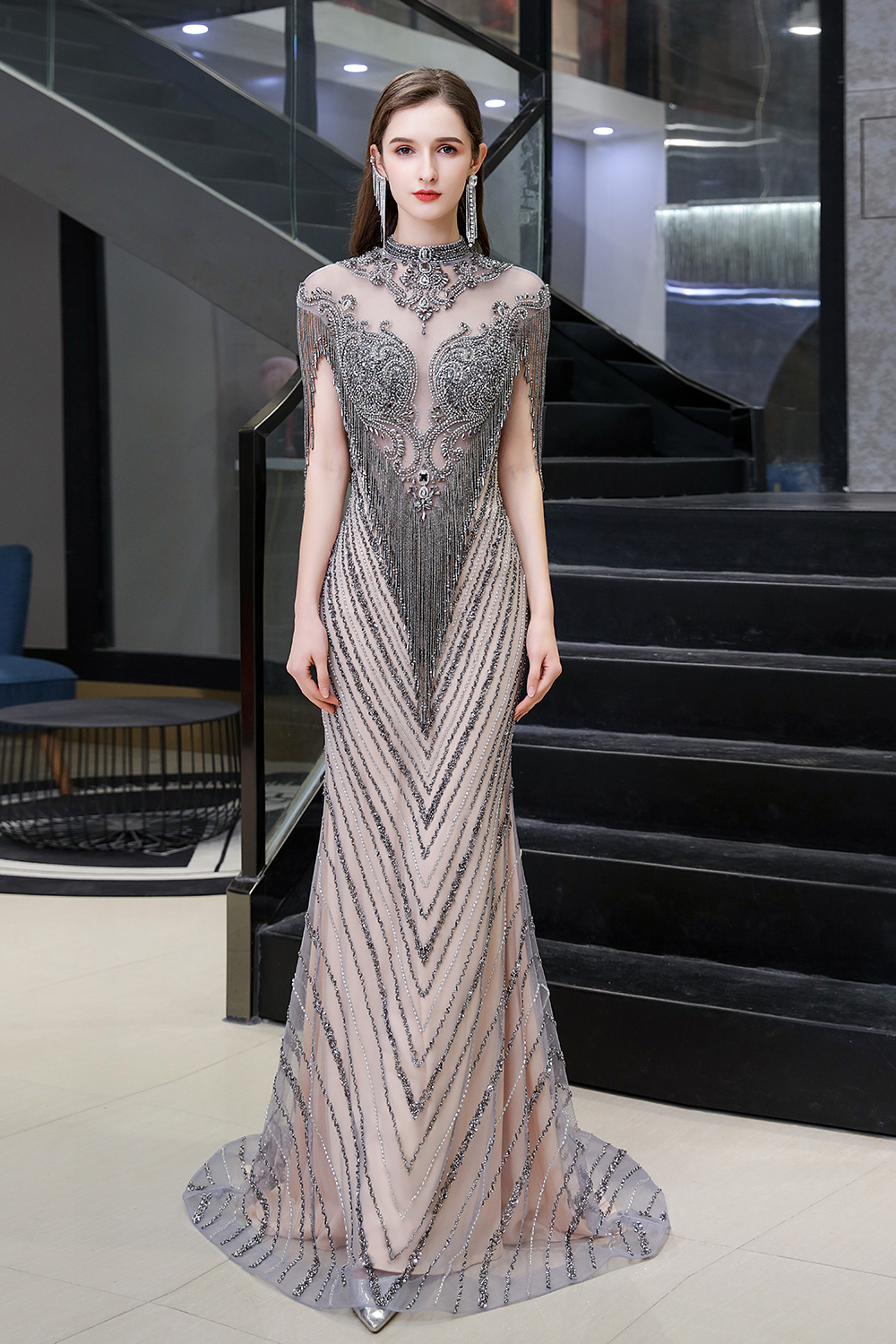 BMbridal Luxurious Crystal Beadings Mermaid Prom Dress Long On Sale