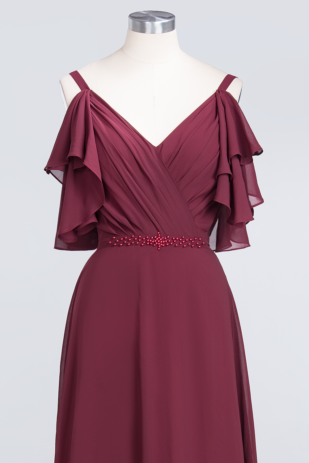 BMbridal Modest Cold-Shoulder Crinkle Chiffon Long Bridesmaid Dress with Pearls