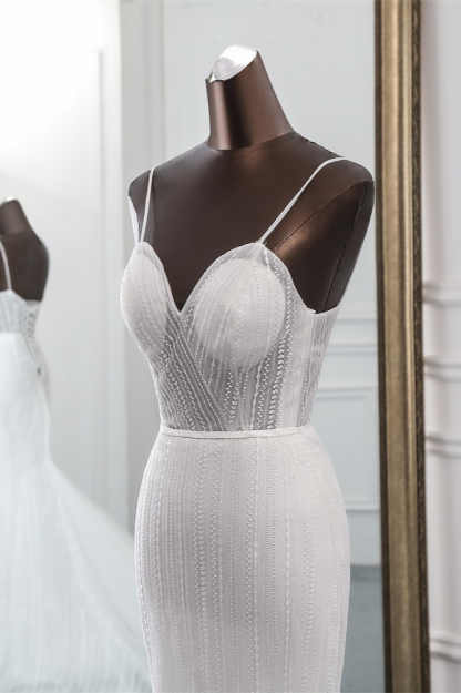 BMbridal Sexy Tulle Spaghetti Straps Mermaid White Wedding Dresses with Rhinestones Online