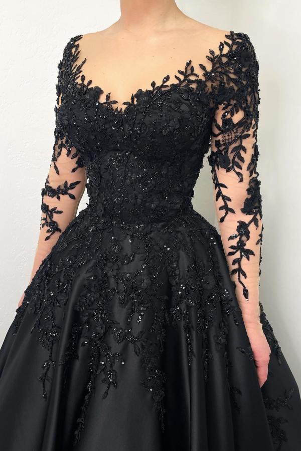 Bmbridal Black Long Sleeves Wedding Reception A-Line With Appliques-BMbridal