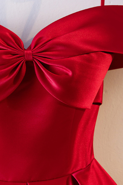 BMbridal Simple Off-the-Shoulder Satin Red A-Line Prom Dresses Sleeveless Ruffles Evening Dresses Online-BMbridal