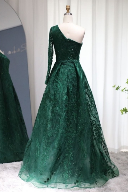 Bmbridal Dark Green Stain One Shoulder A-Line Prom Dresses with Lace