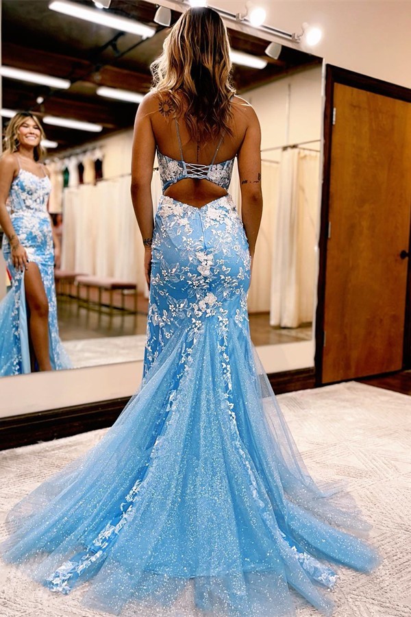 Bmbridal Sky Blue Spaghetti-Straps Prom Dress Mermaid Long With Appliques