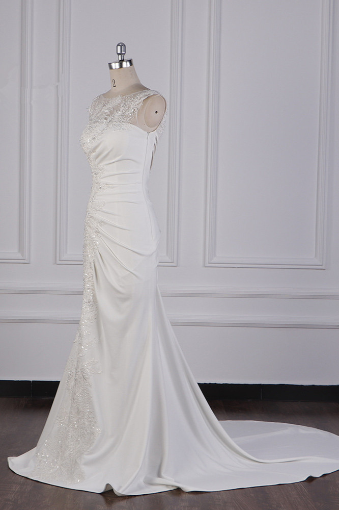 BMbridal Gorgeous Jewel Mermaid Satin Wedding Dress Sleeveless Ruffles Appliques Beadings Bridal Gowns Online-BMbridal
