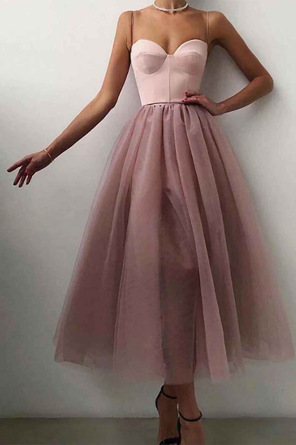 Black Tulle A-line Midi Simple Prom Dress