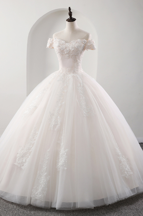 BMbridal Gorgeous Off-the-shoulder Pink A-line Wedding Dresses Tulle Ruffles Bridal Gowns With Appliques Online-BMbridal