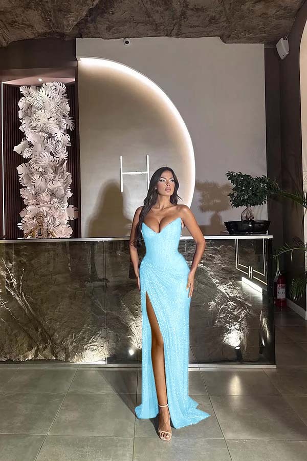 Sequin Strapless Sleeveless Long Split Prom Dress With Pleated