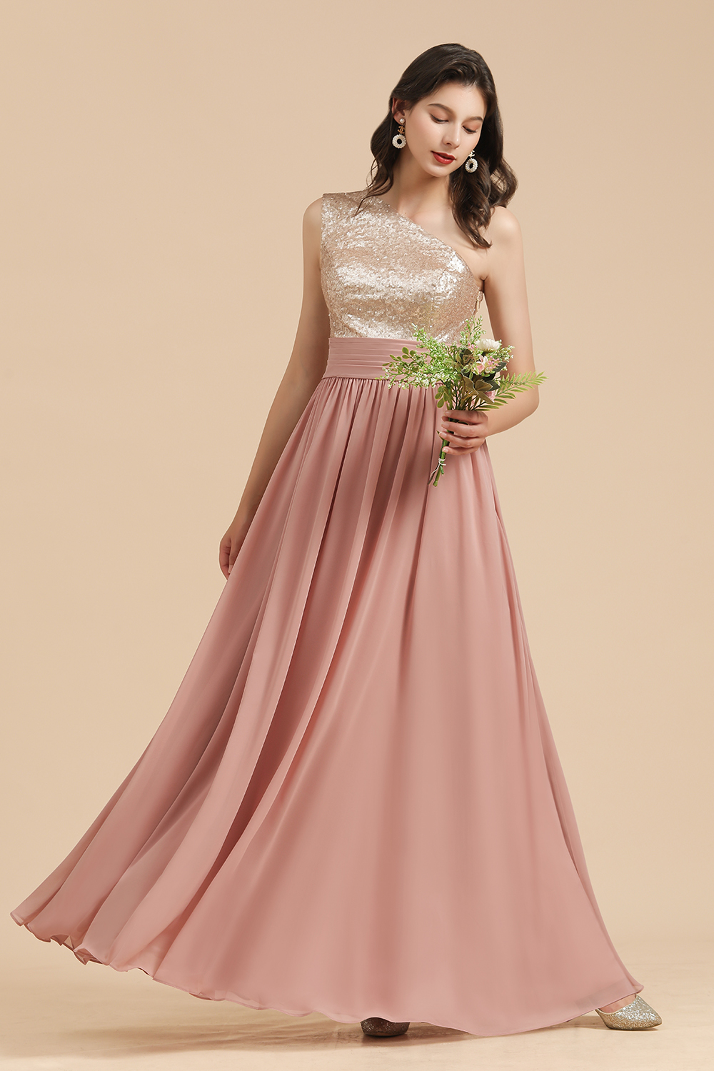 BMbridal One Shoulder Sequins Dusty Rose Bridesmaid Dress-BMbridal