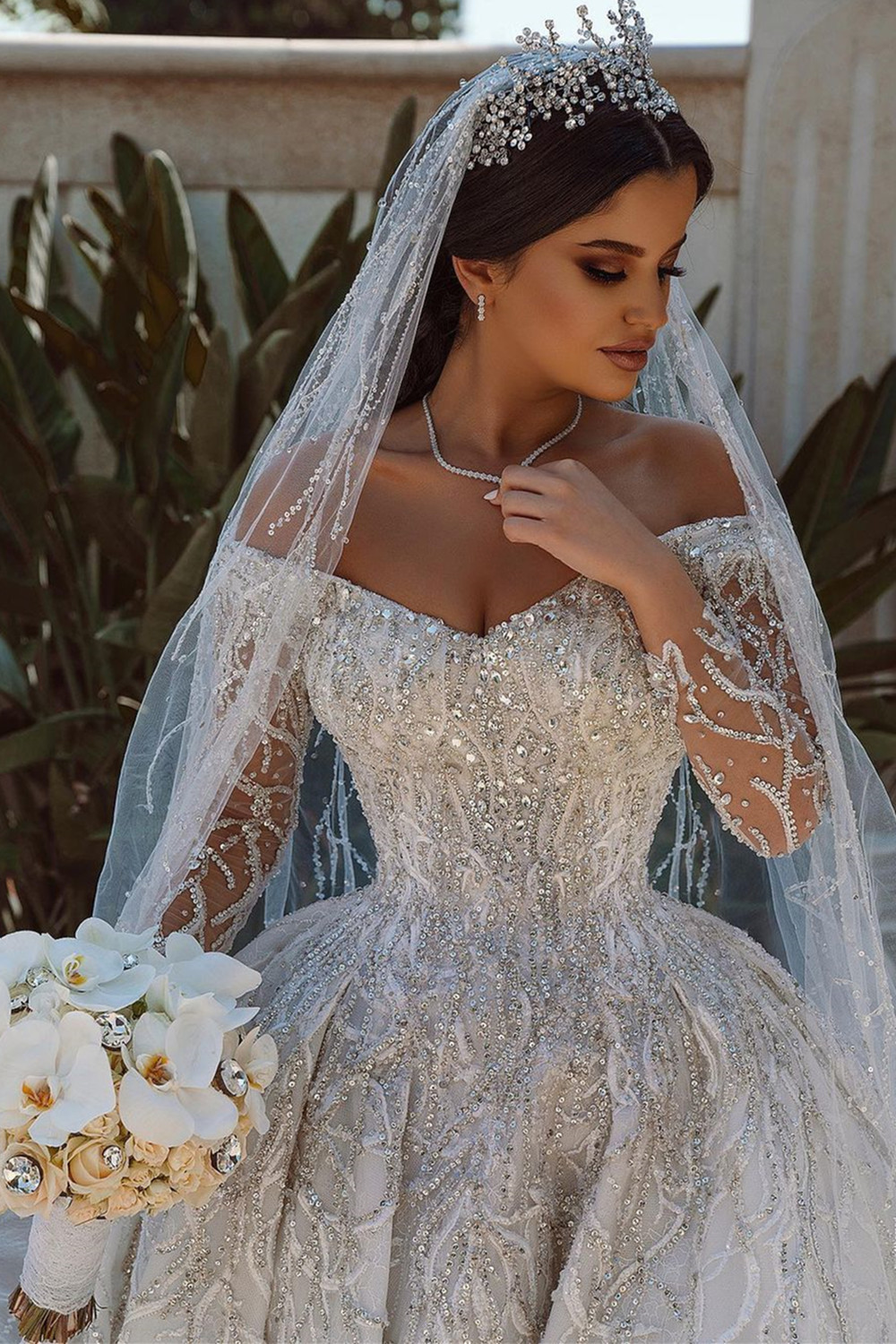 BMbridal Long Sleeves Crystal Wedding Dress Ball Gown Off-the-Shoulder-BMbridal
