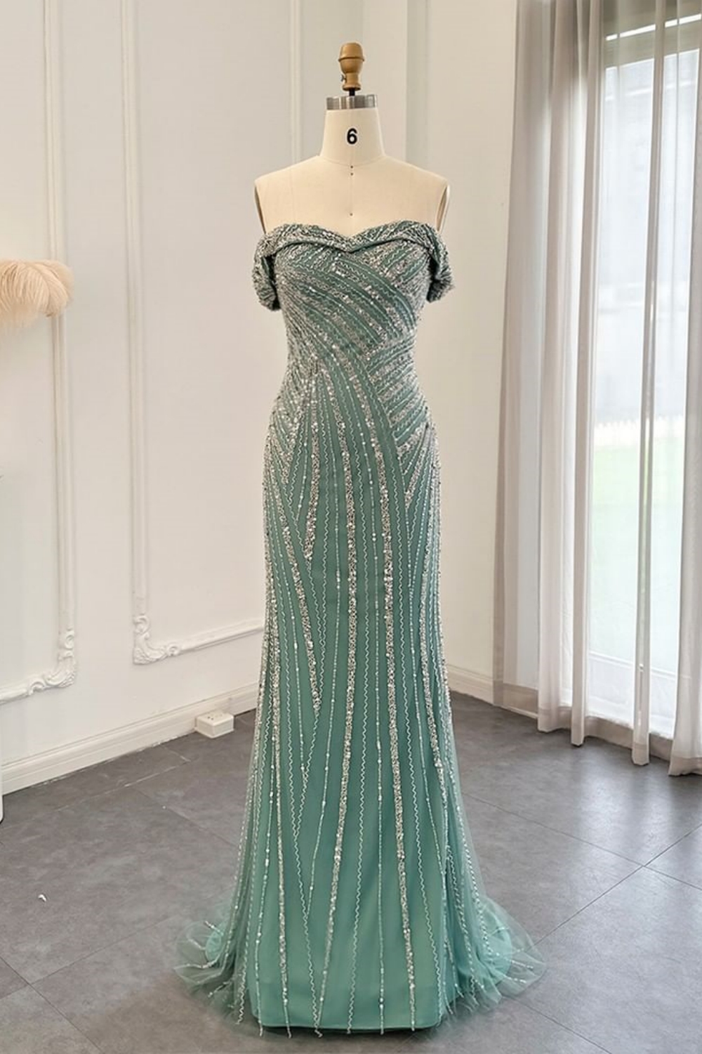 Bmbridal Dusty Sage Sweetheart Sleeveless Floor-Length Prom Dresses with Beadings