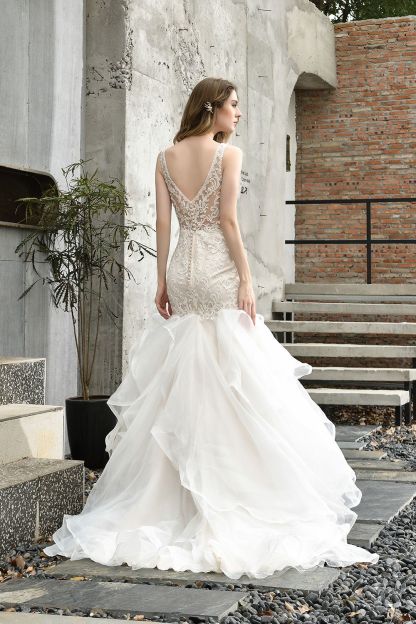 BMbridal Elegant Mermaid Tulle Lace White Wedding Dresses with Appliques