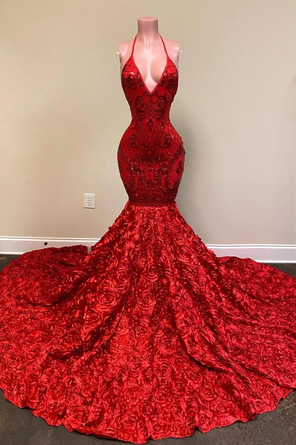 Bmbridal Red V-Neck Mermaid Prom Dress Sequins Flowers Bottom