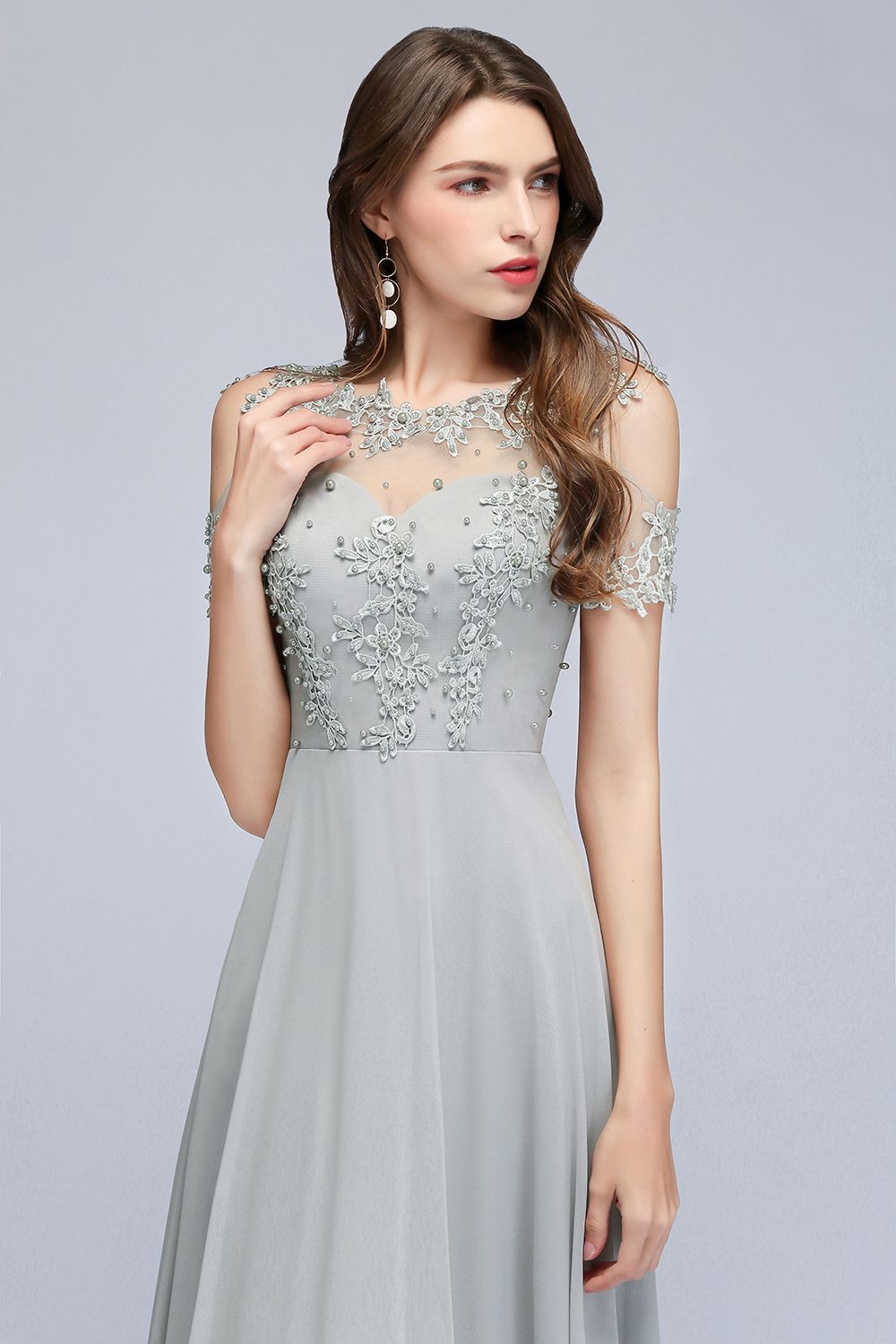 BMbridal Short Sleeve Lace Appliques Long Prom Party Dress