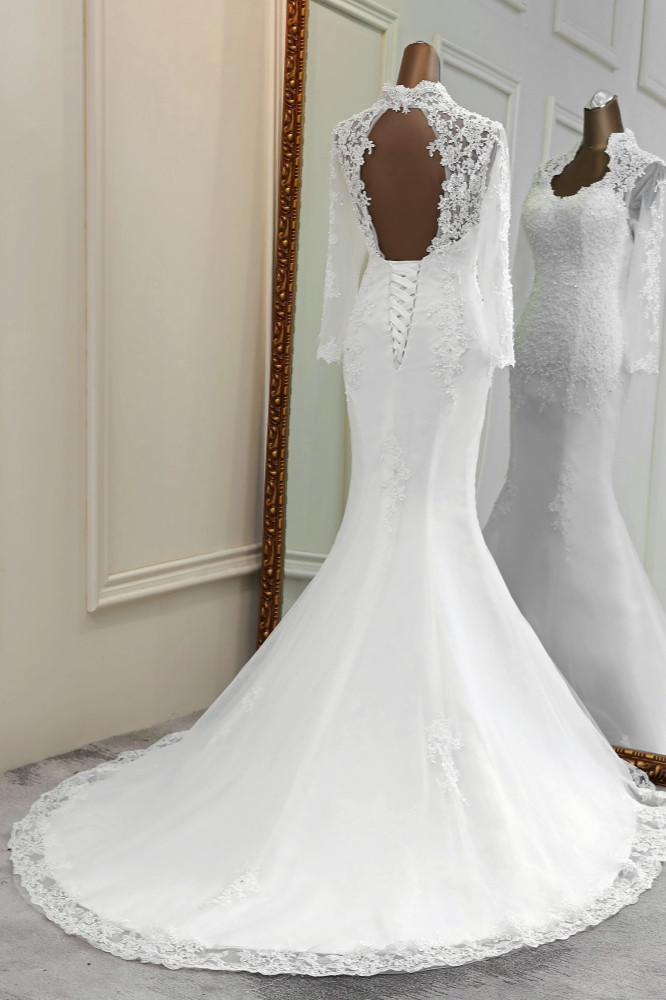 BMbridal Elegant Long Sleeves Lace Mermaid Wedding Dresses Appliques White Bridal Gowns with Beadings-BMbridal