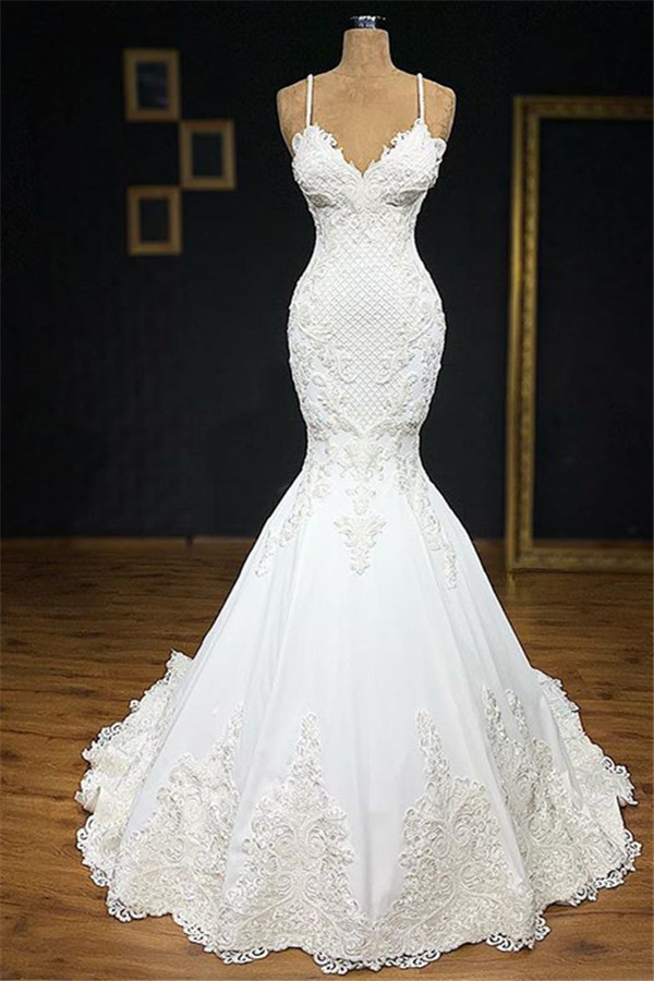 BMbridal Unique White Spaghetti Straps Mermaid Wedding Dresses With Appliques Tulle Ruffles Lace Bridal Gowns Online-BMbridal