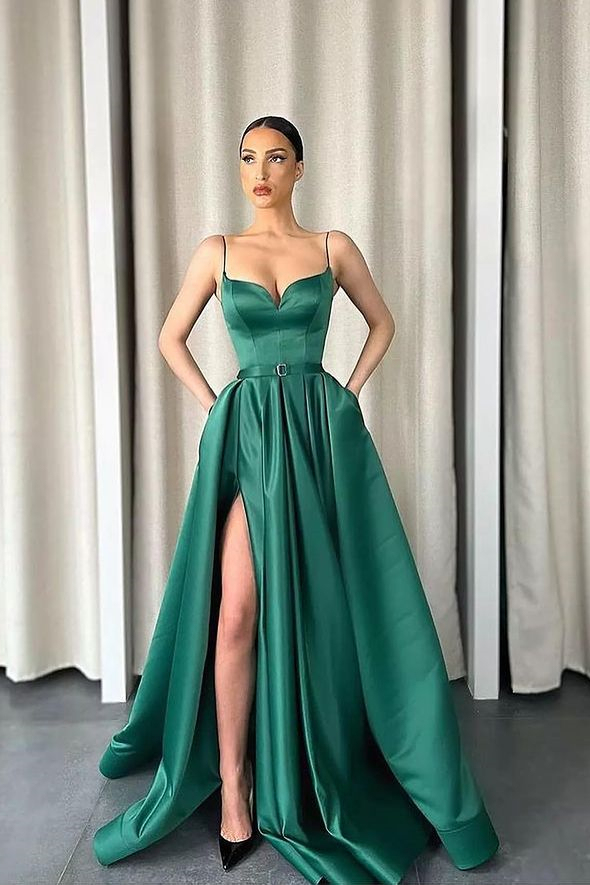 Bmbridal Emerald Green Spaghetti-Straps Prom Dress Slit Online