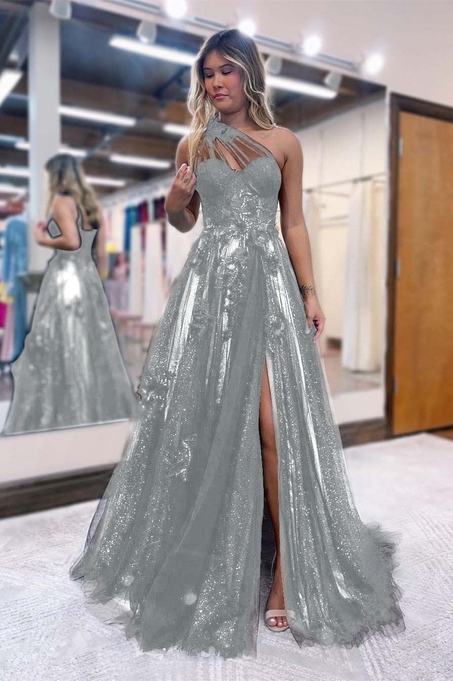 Black One Shoulder A Line Prom Dress Side Split Tulle With Appliques