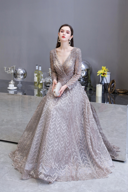 BMbridal Sexy V-Neck Long Sleeve Prom Dress Appliques A-Line Evening Gowns