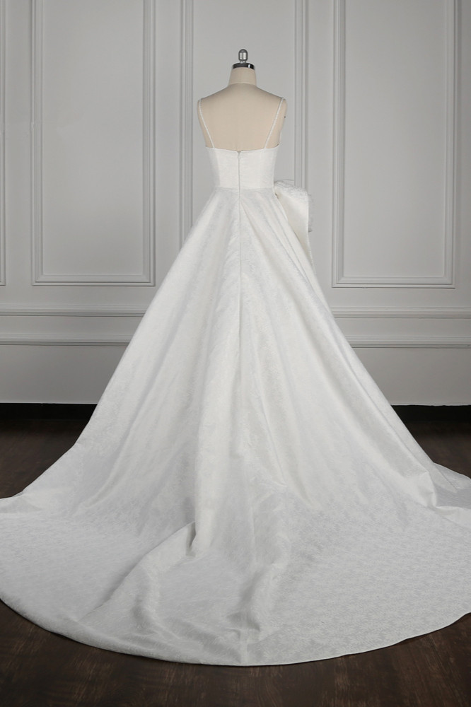 BMbridal Chic Spaghetti Straps V-neck Wedding Dress Satin Appliques Bow Bridal Gowns Online-BMbridal