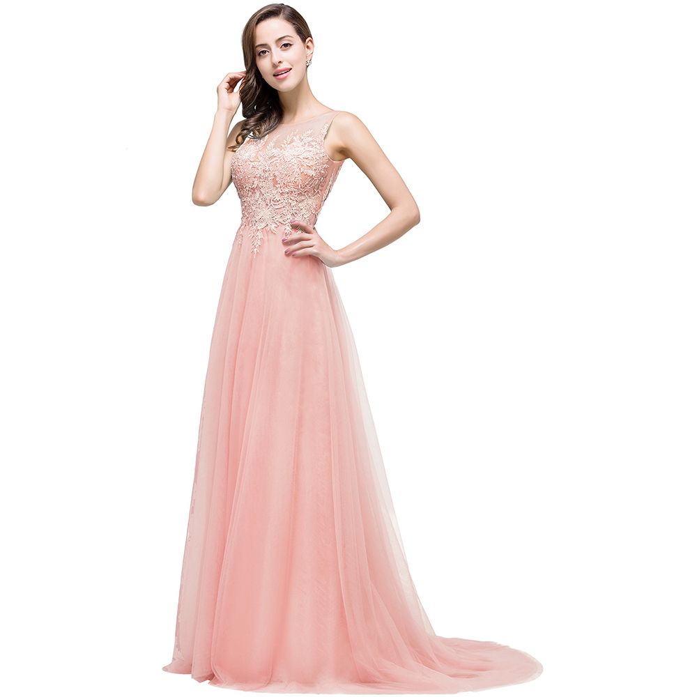 BMbridal A-line Court Train Tulle Evening Dress with Appliques-BMbridal