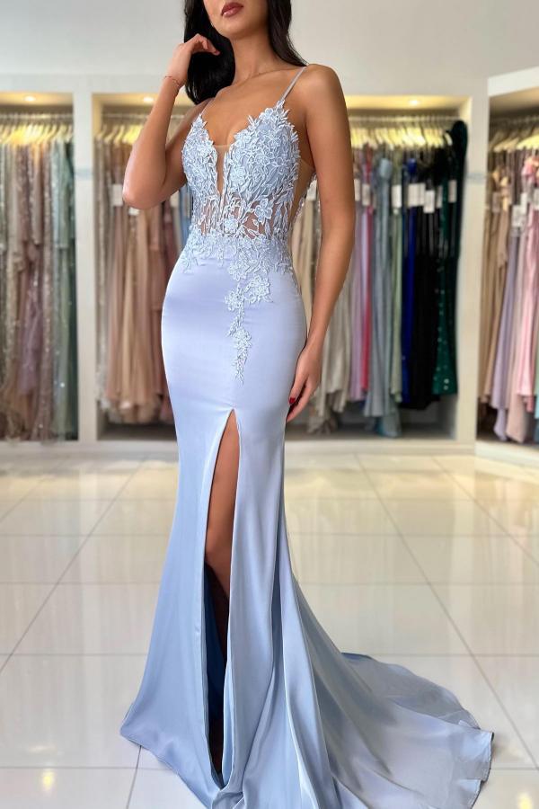 Fashionable Mermaid V-Neck Spaghetti Straps Sleeveless Satin Lace Prom Dresses with Slit