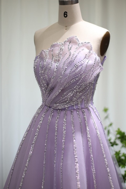 Bmbridal Lilac Tulle Strapless Sleeveless Floor-Length Prom Dresses with Ruffles