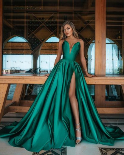 Bmbridal V-Neck Sleeveless Long Prom Dress Emerald Green With Slit