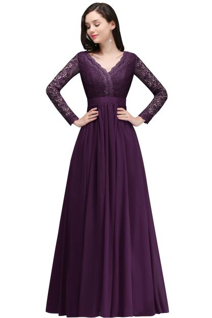 BMbridal Elegant A-line Chiffon Lace Long Sleeves Evening Dress