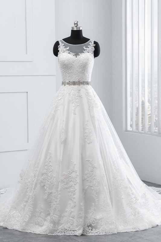BMbridal Simple Jewel Tulle Lace Wedding Dress A-Line Appliques Beadings Bridal Gowns with Sash Online-BMbridal