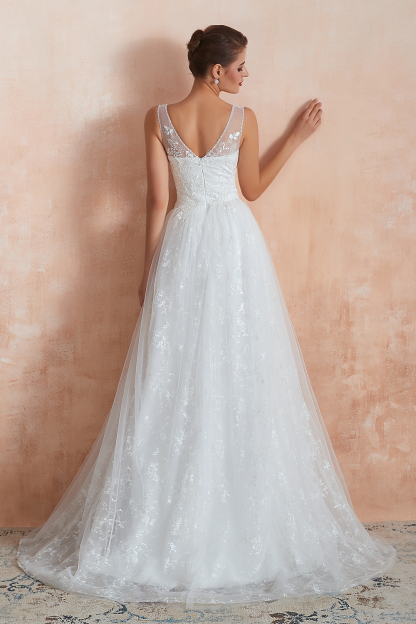 BMbridal Affordable V-Neck Tulle Lace Long White Wedding Dresses Online