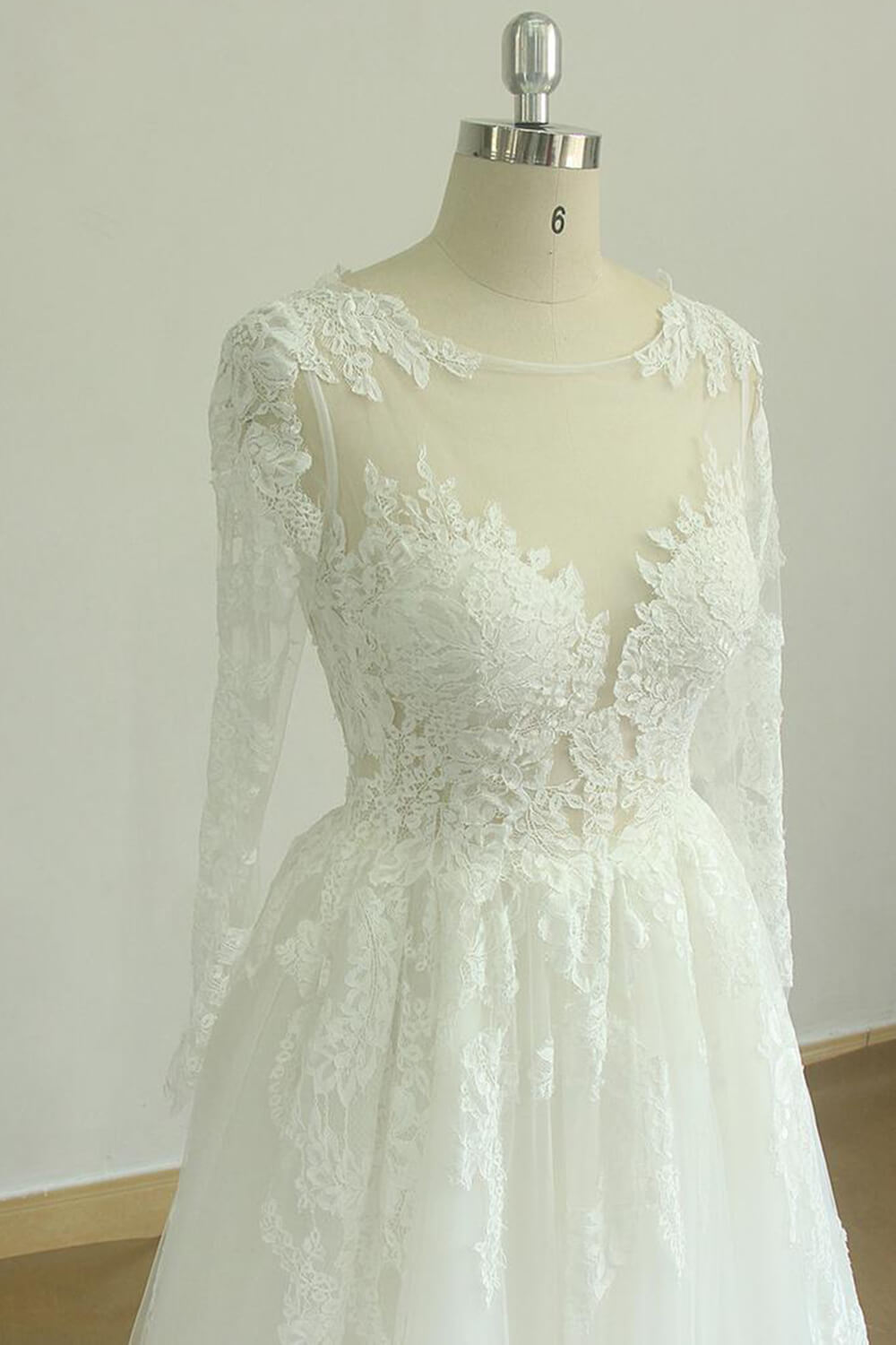 BMbridal Gorgeous Longsleeves White Appliques Wedding Dress Tulle Lace Jewel Bridal Gown On Sale