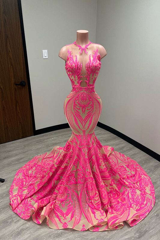 Stunning Sequins Light Crew Neck Sleeveless Long Tight Mermaid Prom Dress