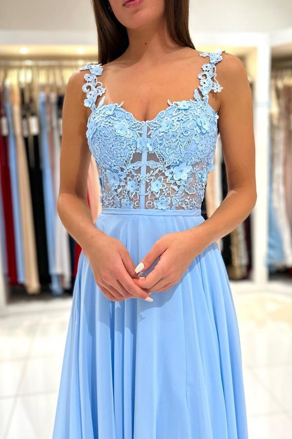 Bmbridal Sky Blue Sleeveless Long Prom Dress Slit Sleeveless With Appliques