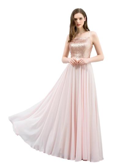 BMbridal A-line Floor Length Spaghetti Sequined Top Chiffon Prom Dress
