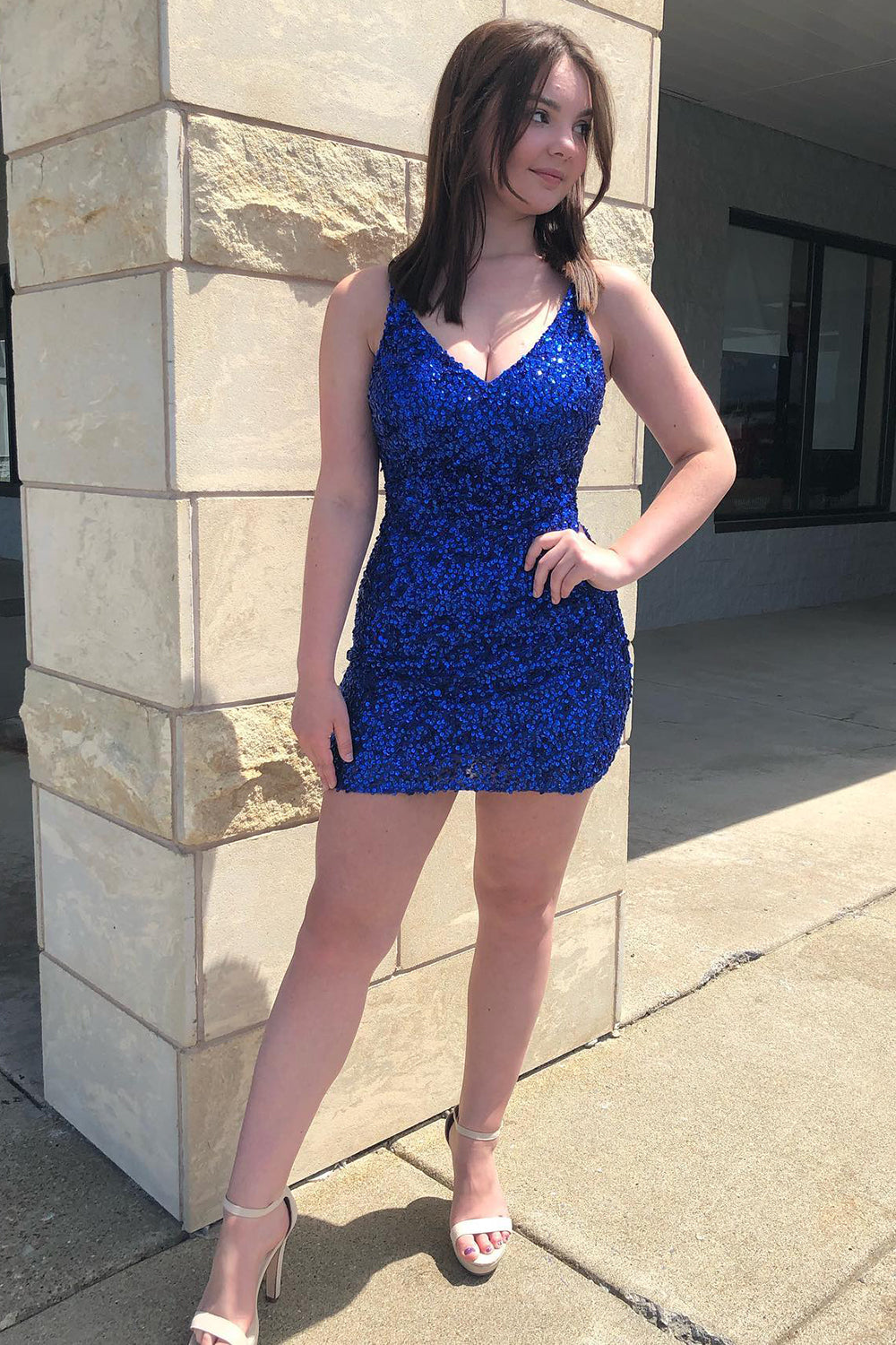 Sheath Spaghetti Straps Royal Blue Sequins Short Cocktail Dress-BMbridal